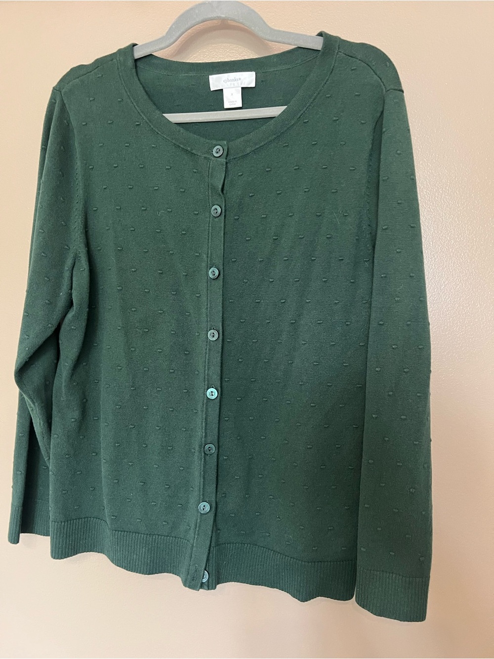 CJ Banks Dark Green Button-Front Dot Textured Cardigan